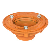 Orange drain body with bonded flange, three mounting bolts, and central outlet pipe.