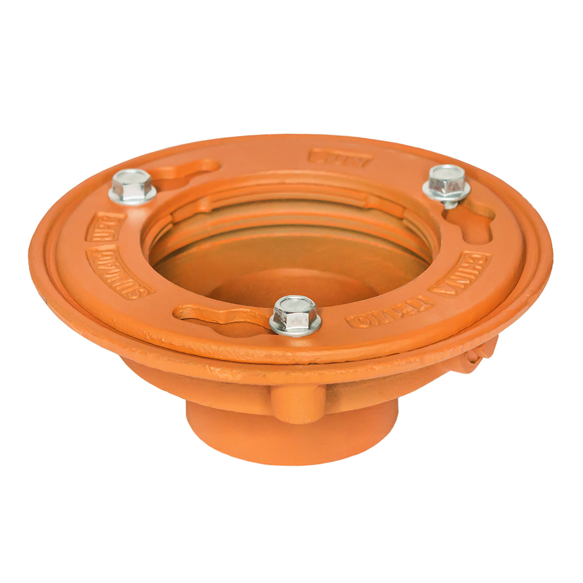 Orange drain body with bonded flange, three mounting bolts, and central outlet pipe.