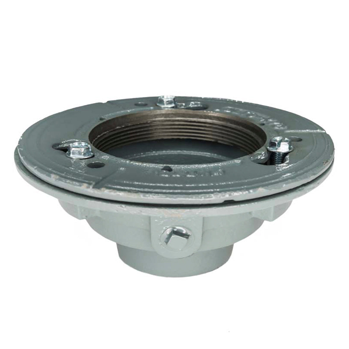 Chrome-finished metal drain body with bonded flange, threaded center opening, and four mounting bolts on circular base.