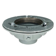 Chrome-finished metal drain body with bonded flange, threaded center opening, and four mounting bolts on circular base.