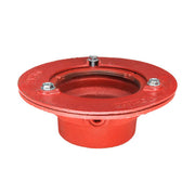 Red circular drain body with bonded flange, central opening, and three metal bolts on top surface.