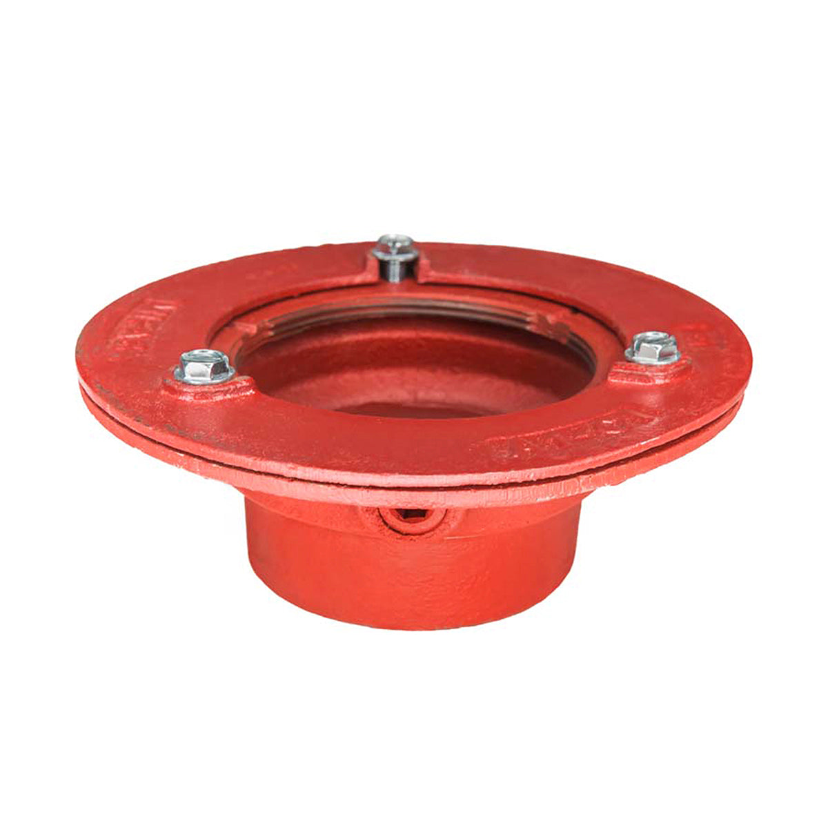 Red circular drain body with bonded flange, central opening, and three metal bolts on top surface.