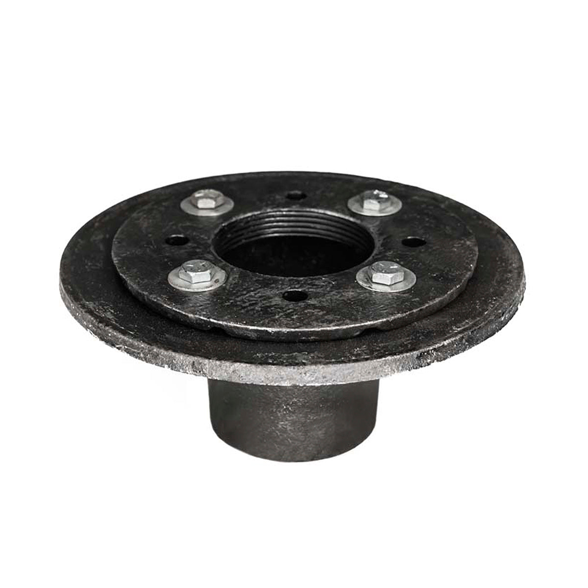 Black metal drain body with circular bonded flange, center threaded opening, and four bolt holes with metal fasteners.