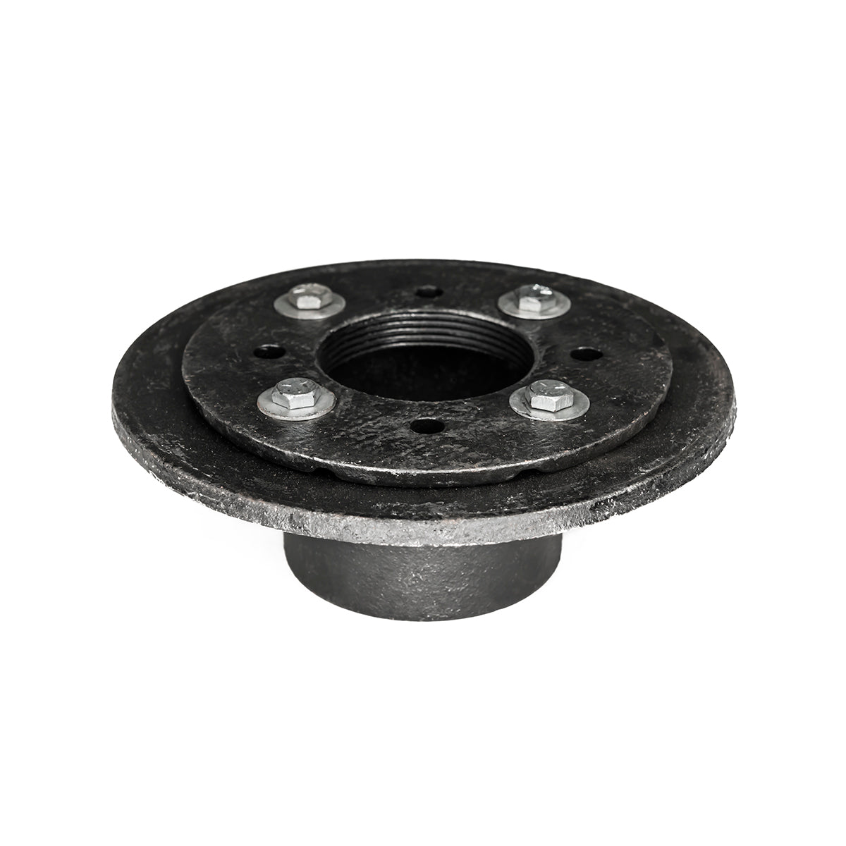 Black metal drain body with circular flange top, four bolt holes, and threaded center opening.