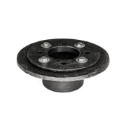 Black metal drain body with circular flange top, four bolt holes, and threaded center opening.