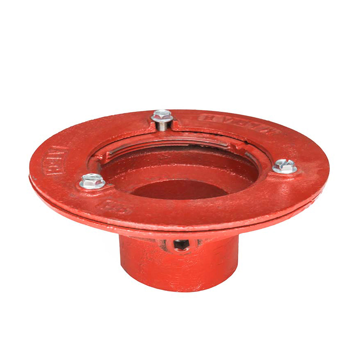 Red cast iron drain body with bonded flange, three mounting holes, and central opening.