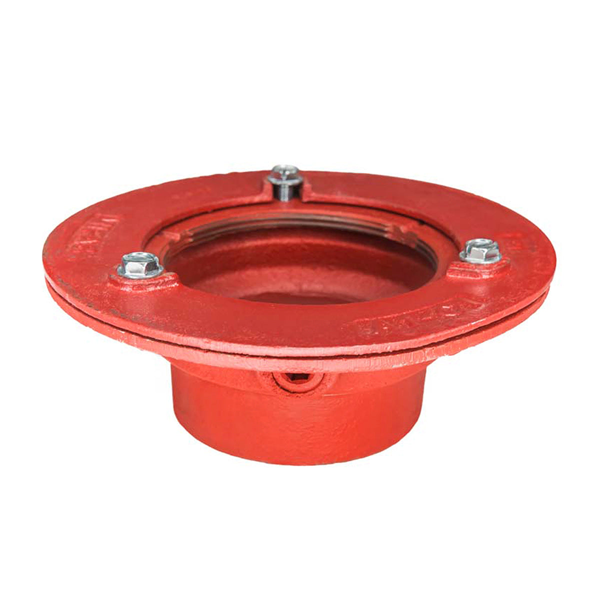 Red drain body with bonded flange, three mounting holes, and central opening for water drainage.