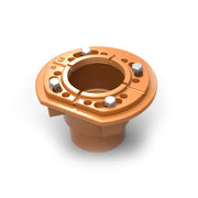 Copper drain body with bonded flange, central opening, and mounting bolt holes with metal fasteners.