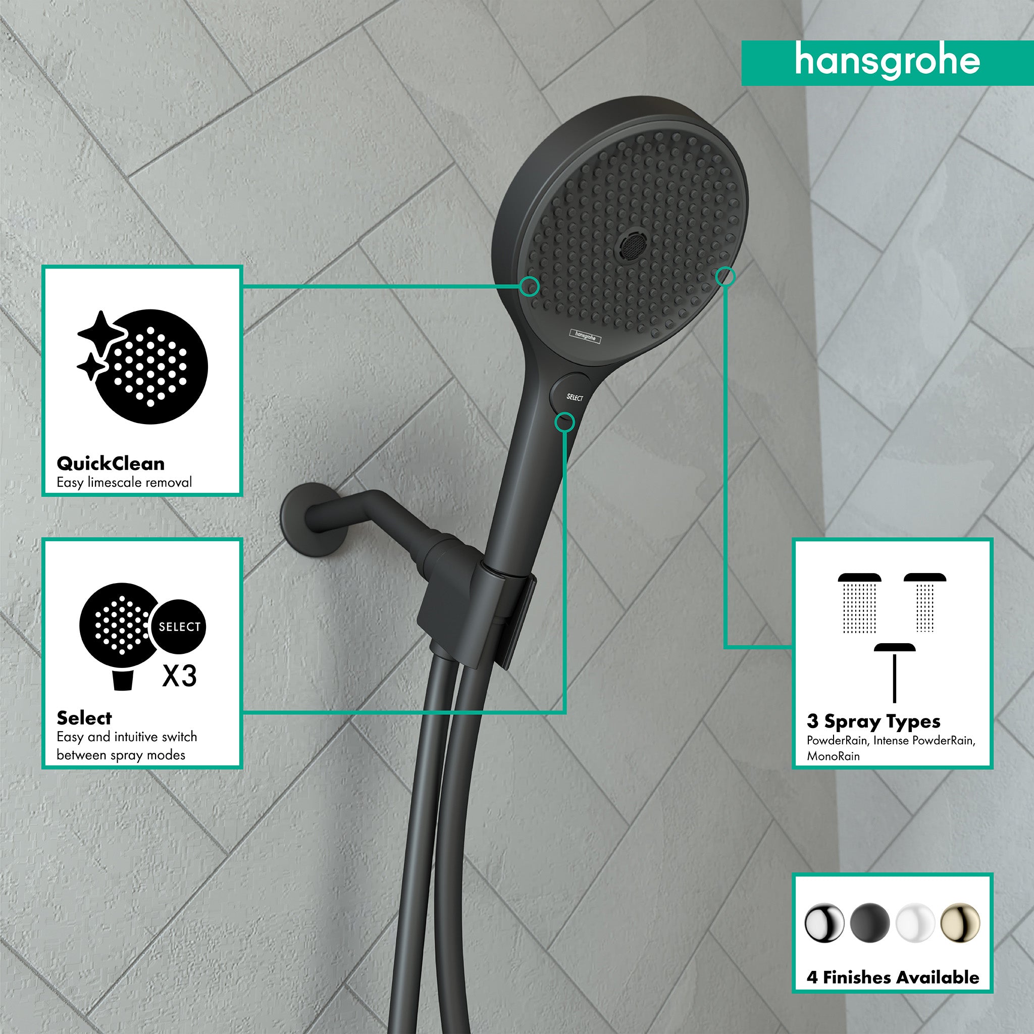 Matte black handheld showerhead with circular face, handle, and hose mounted on tiled bathroom wall.