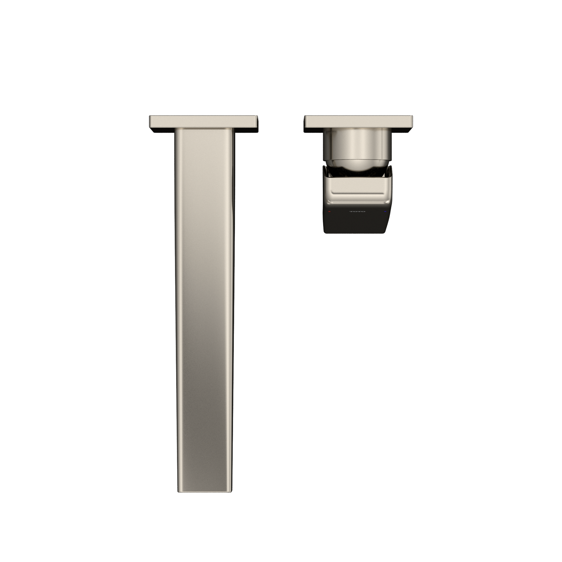 Polished nickel wall-mount bathroom faucet with tall rectangular spout and single handle control.
