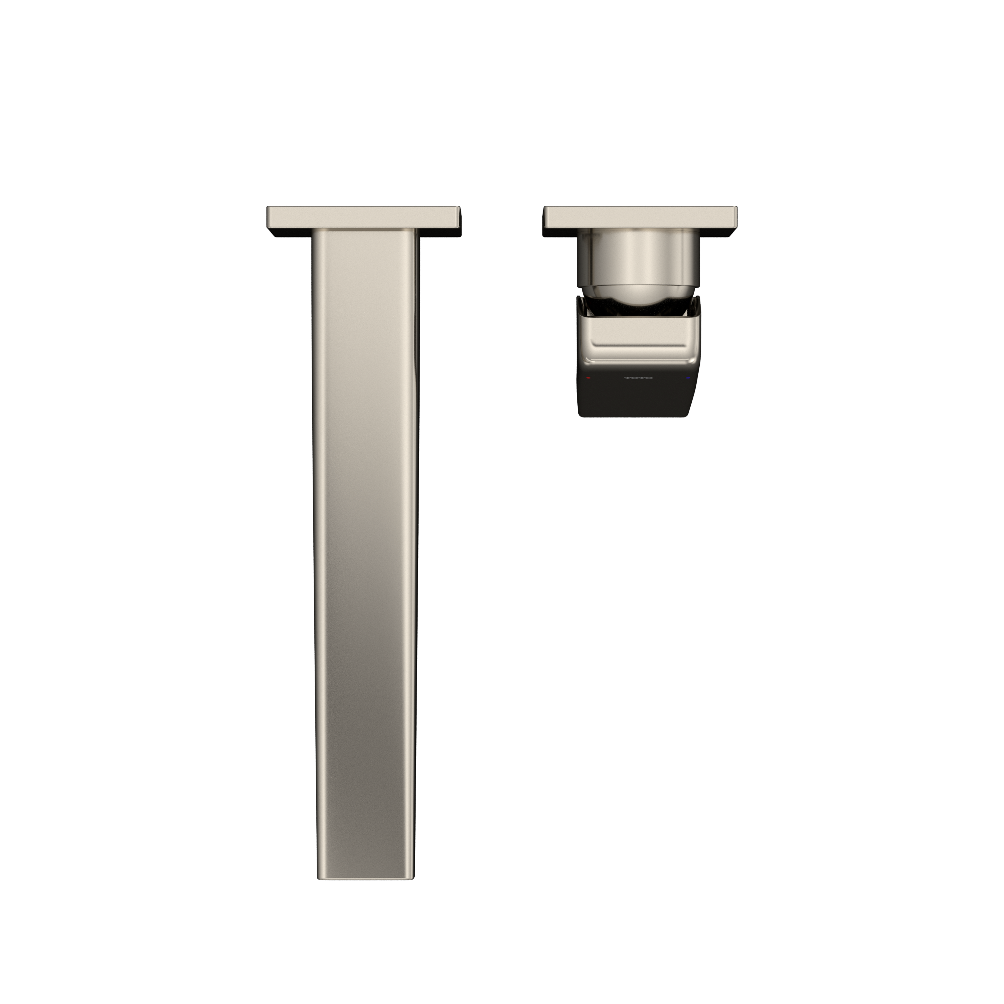 Polished nickel wall-mount bathroom faucet with tall rectangular spout and single handle control.