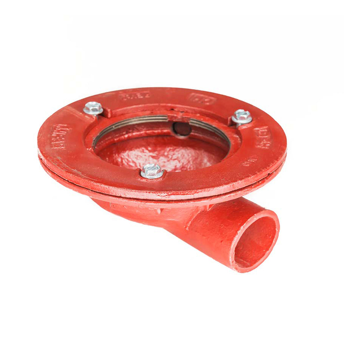 Red drain body with bonded flange top, circular opening, three bolt holes, and outlet pipe.