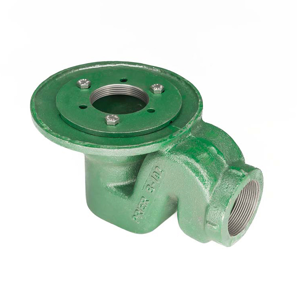 Green cast iron drain body with circular bonded flange top, center opening, bolt holes, and threaded side outlet.