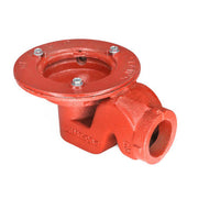 Red cast iron drain body with circular bonded flange top, threaded outlet connection, and three mounting holes.