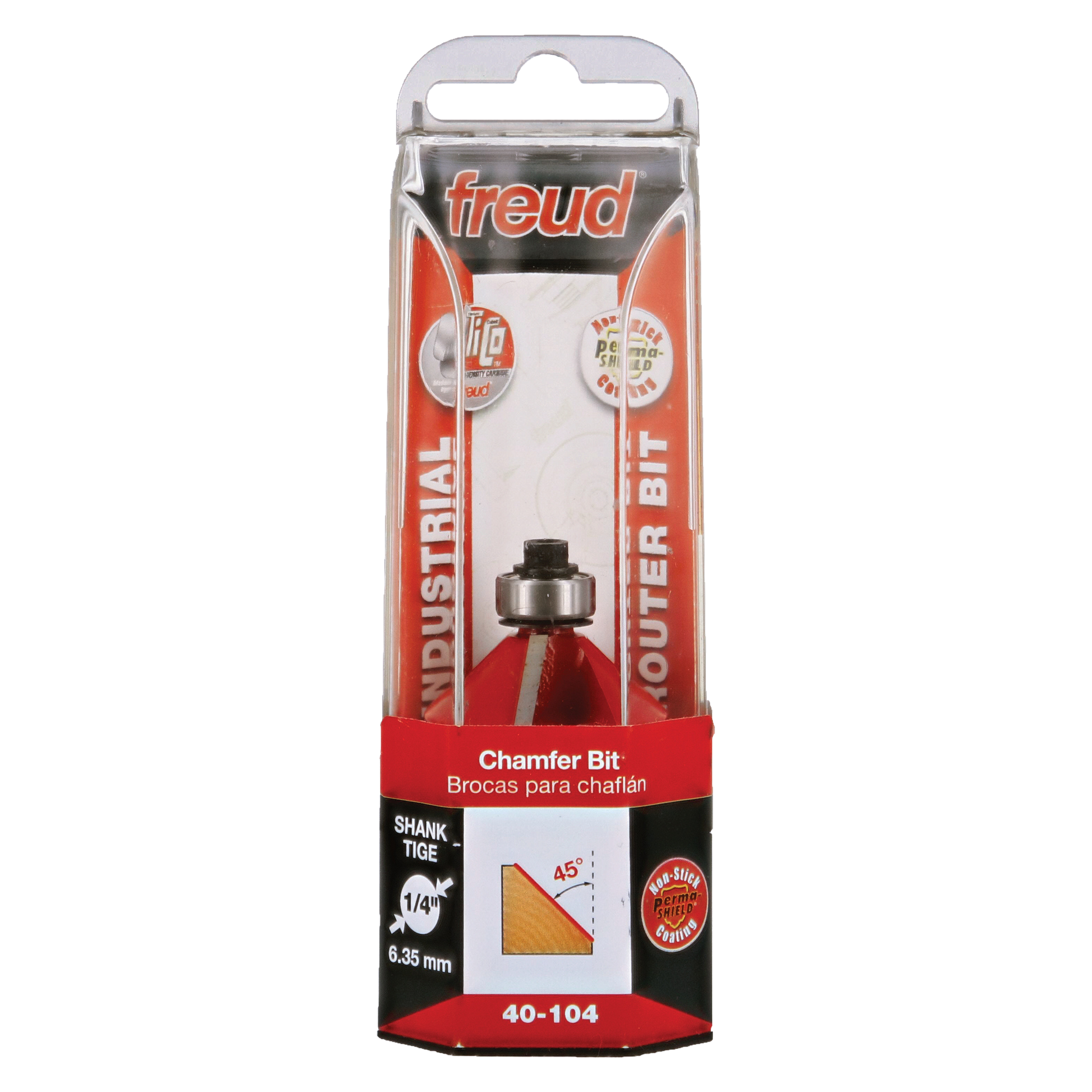 Freud 40-104 chamfer bit with 1/4" shank in clear packaging with red and black labeling.