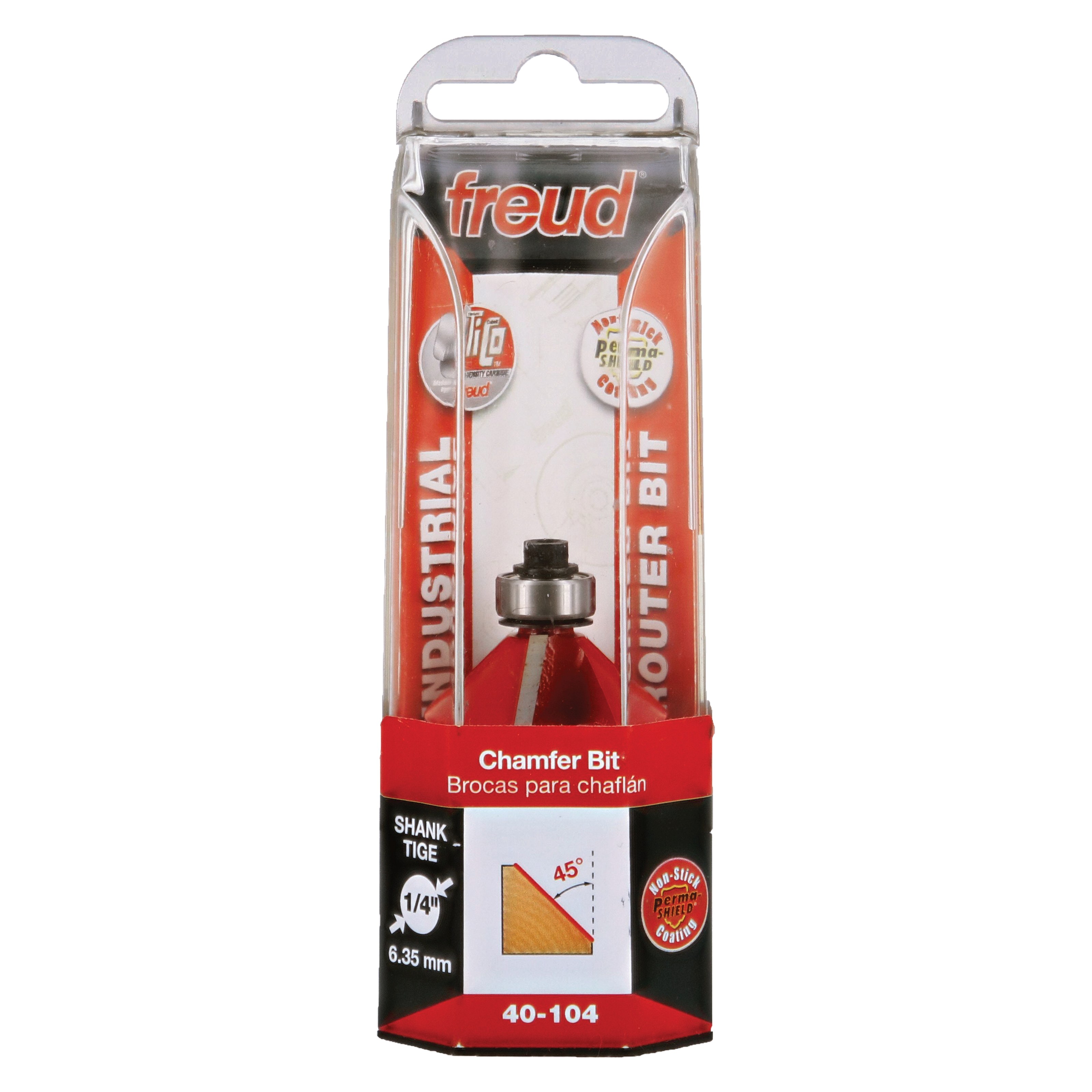 Freud 40-104 chamfer bit with 1/4" shank in clear packaging with red and black labeling.
