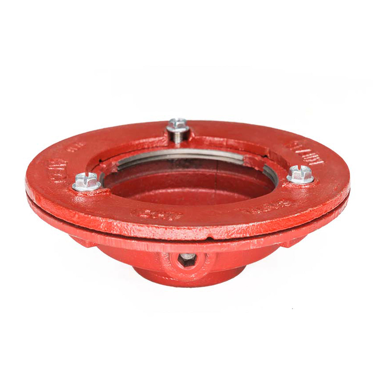 Red circular drain body with flat flange top, center opening, and mounting bolts.