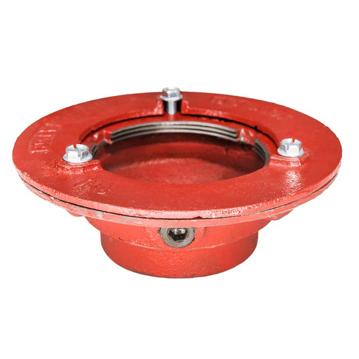 Red cast iron drain body with bonded flange, three bolt holes, and center outlet connection.