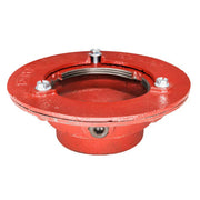 Red cast iron drain body with bonded flange, three bolt holes, and center outlet connection.