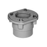 Gray cylindrical drain body with square flange top, central opening, and four bolt holes with metal fasteners.