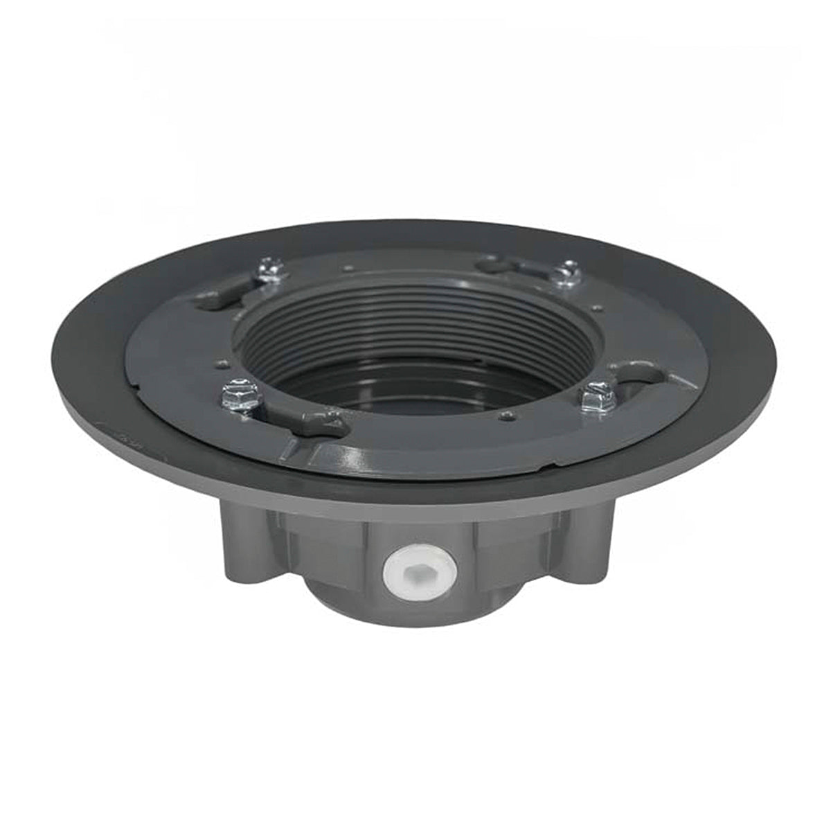 Dark gray circular drain body with threaded center opening and mounting flange base.