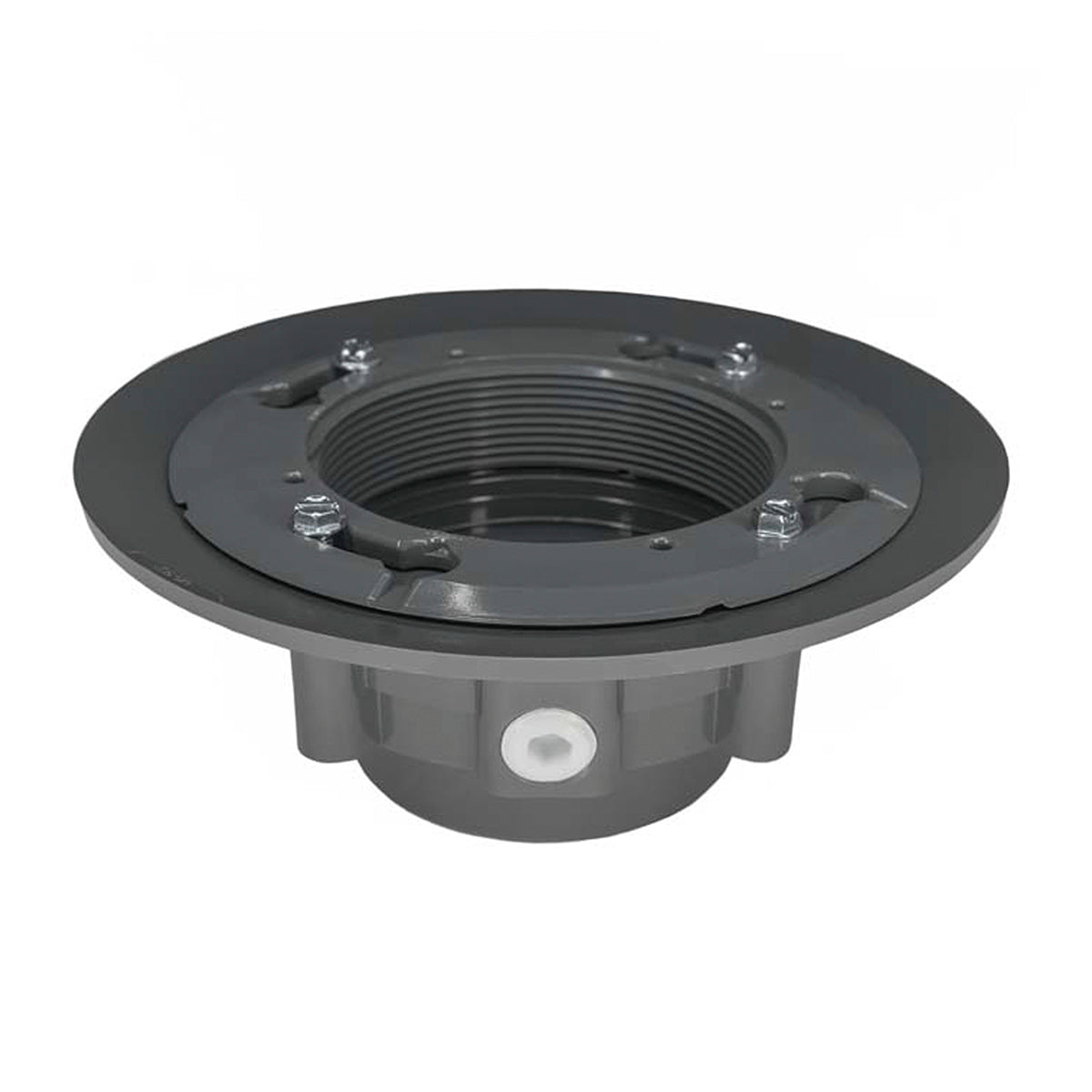 Dark gray drain body with threaded center opening and wide bonded flange base with mounting holes.