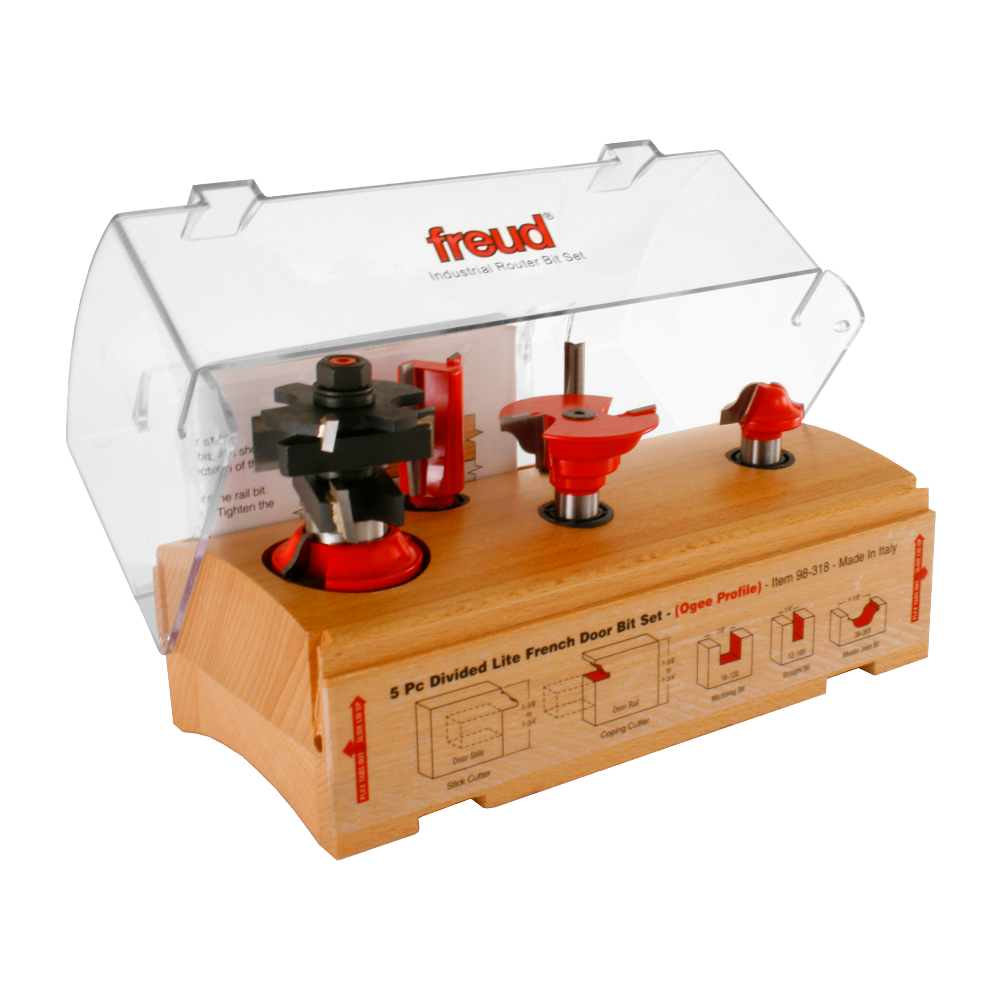 Five router bits with red bases and black cutting surfaces mounted on wooden base in clear plastic case.