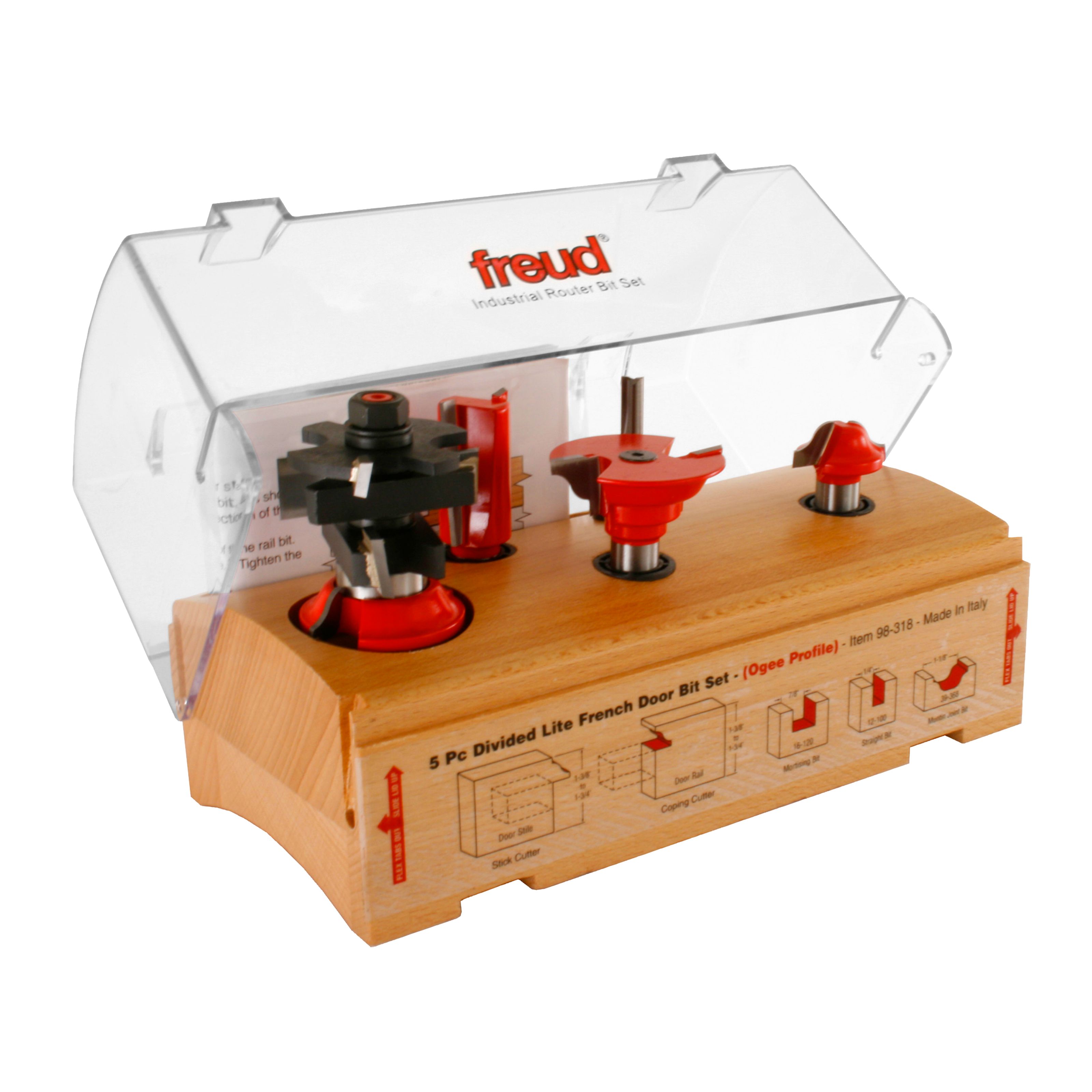 Five router bits with red bases and black cutting surfaces mounted on wooden base in clear plastic case.