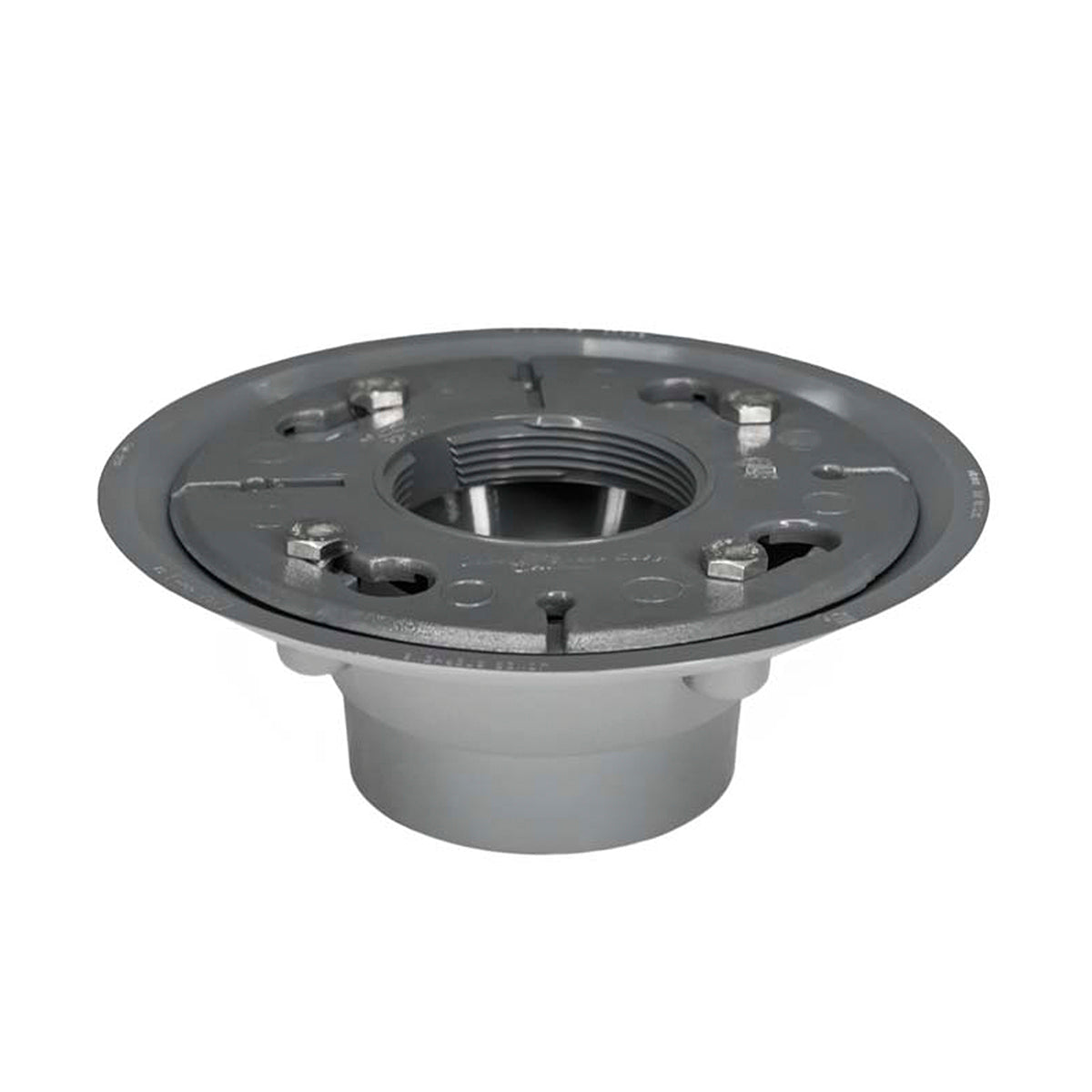 Dark gray and white drain body with threaded center opening and mounting holes on flange.