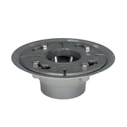 Dark gray and white drain body with threaded center opening and mounting holes on flange.