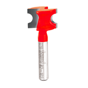 Red and silver half round router bit with curved cutting edges and metal shank.