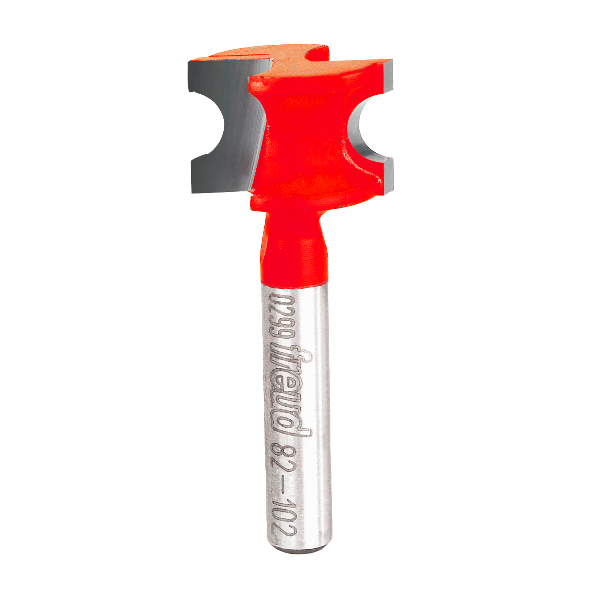 Red and silver half round router bit with curved cutting edges and metal shank.