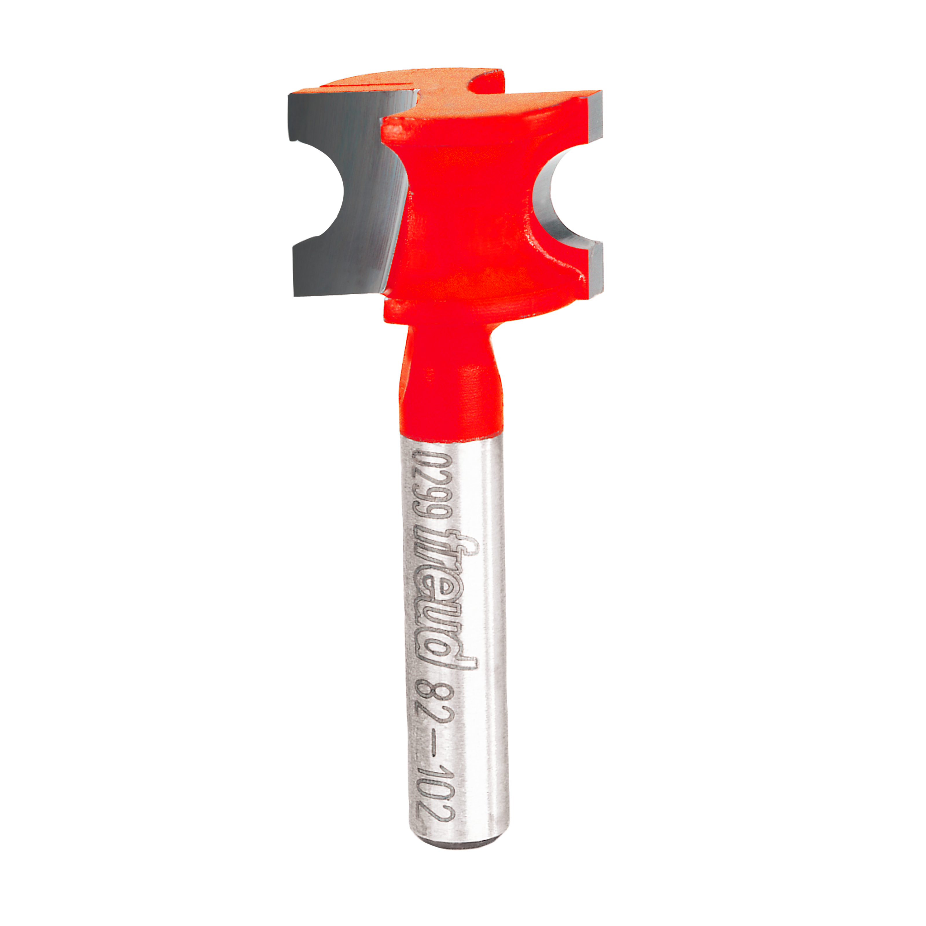 Red and silver half round router bit with curved cutting edges and metal shank.