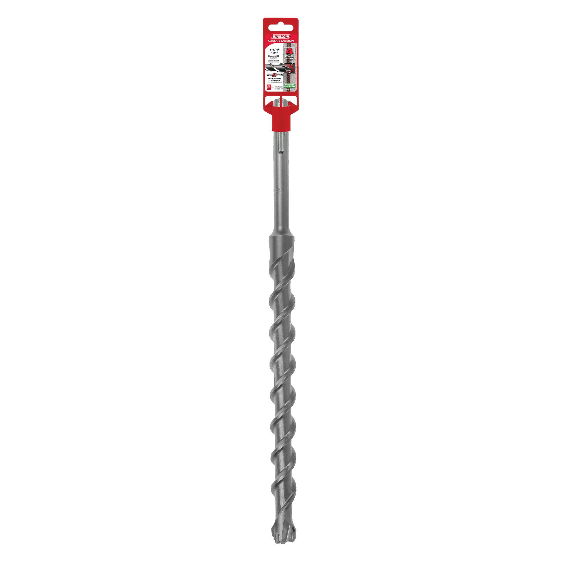 Gray SDS-Max hammer drill bit with spiral flutes and red packaging header attached at top.