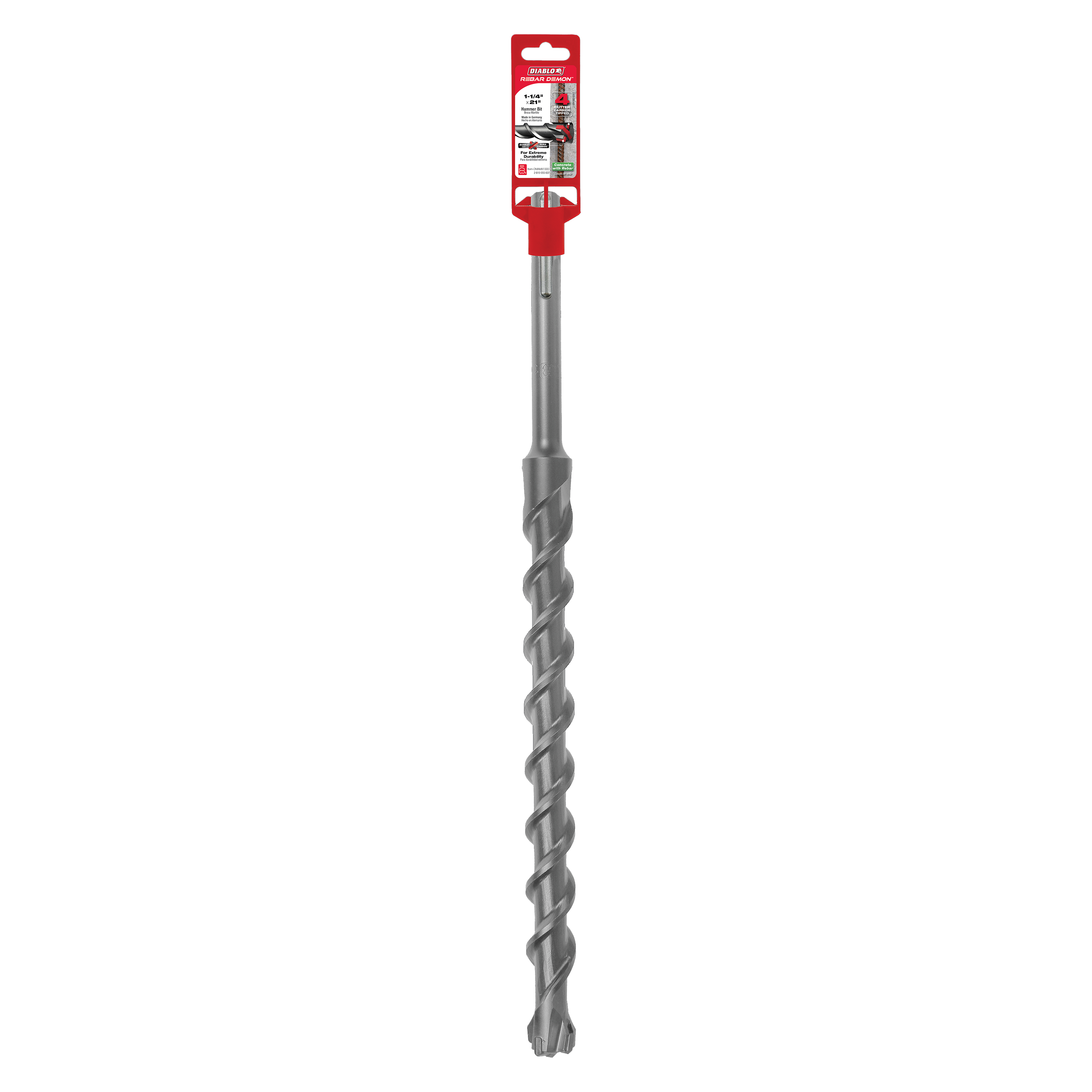 Gray SDS-Max hammer drill bit with spiral flutes and red packaging header attached at top.