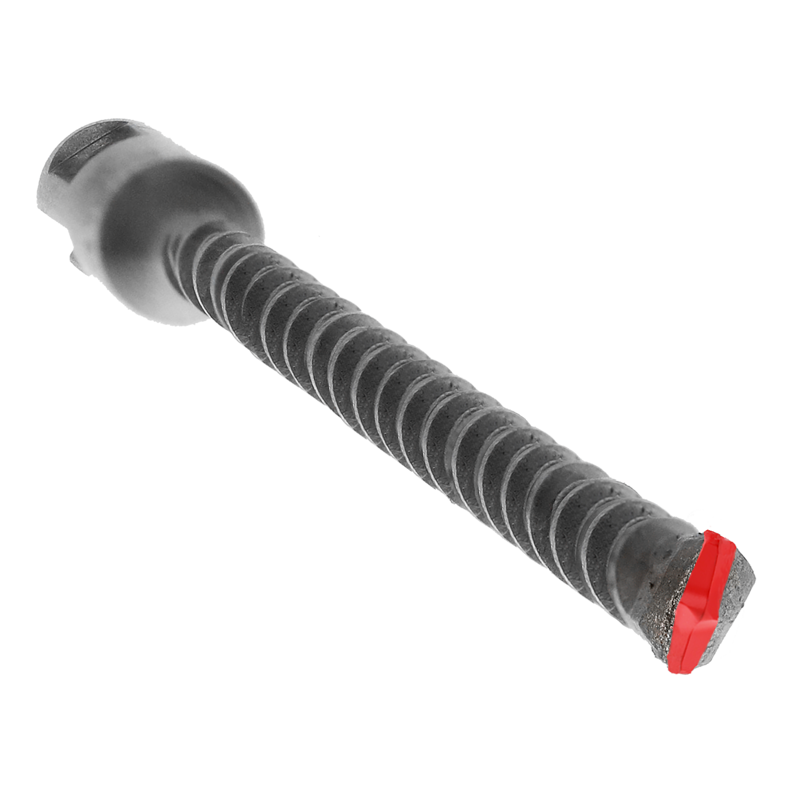 SDS-Plus rotary hammer bit with gray fluted shank, spherical head, and red cutting tip.