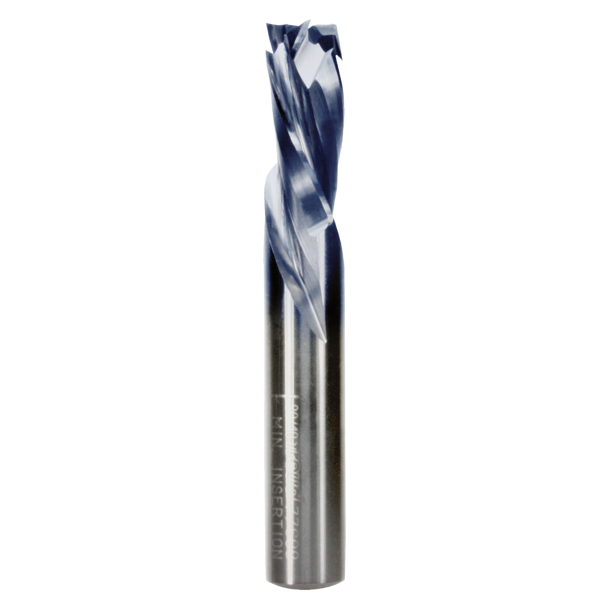 Half-inch diameter three-flute mortise compression bit with spiral cutting edges and silver cylindrical shank.