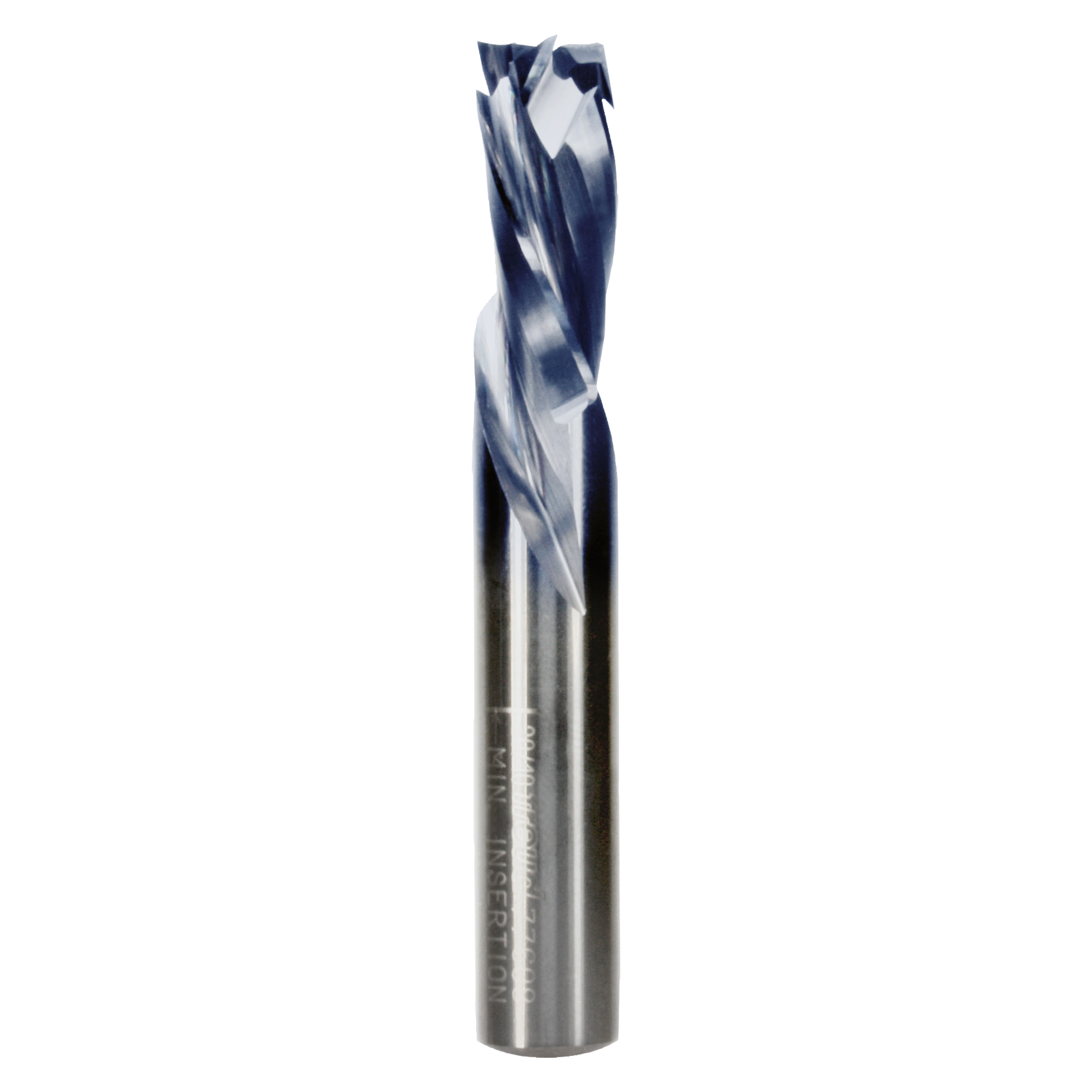 Half-inch diameter three-flute mortise compression bit with spiral cutting edges and silver cylindrical shank.