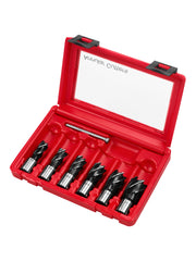 Six HSS annular cutters with varying sizes arranged in red carrying case with black latches.