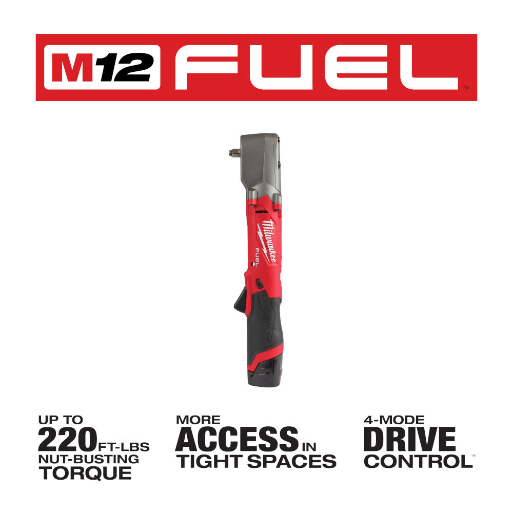 Milwaukee M12 FUEL right angle impact wrench with red and black housing and gray head attachment.
