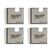 Four Milwaukee 1-1/4" NPT alloy pipe threading dies with serrated cutting edges and brand markings.