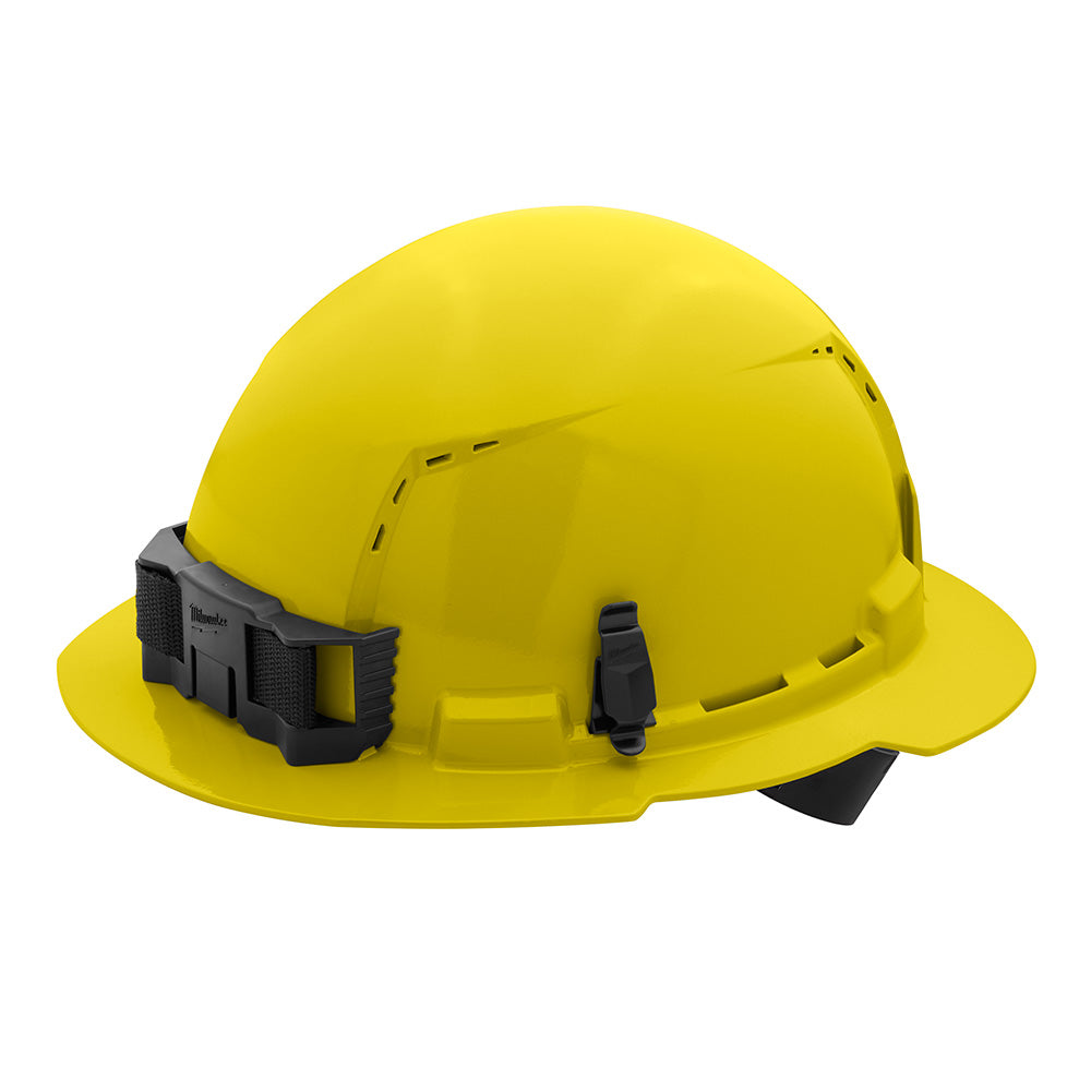 Yellow full brim hard hat with black ratcheting suspension straps and vents on the crown.