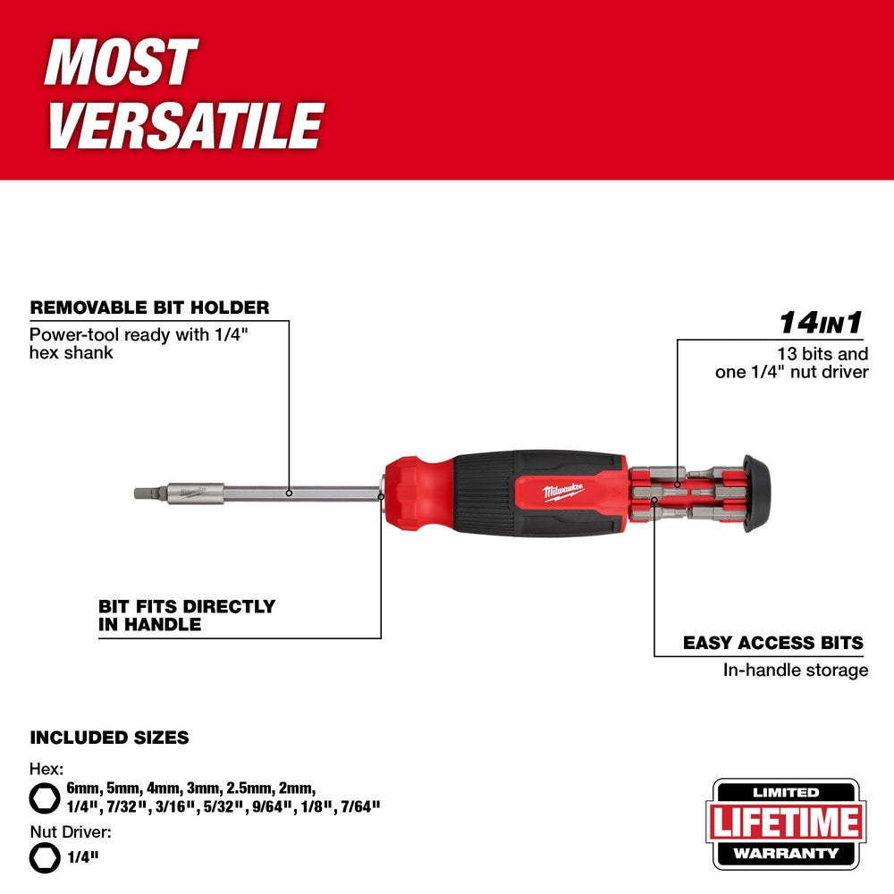 Red and black Milwaukee multi-bit screwdriver with removable hex bit holder and 13 stored bits plus nut driver.