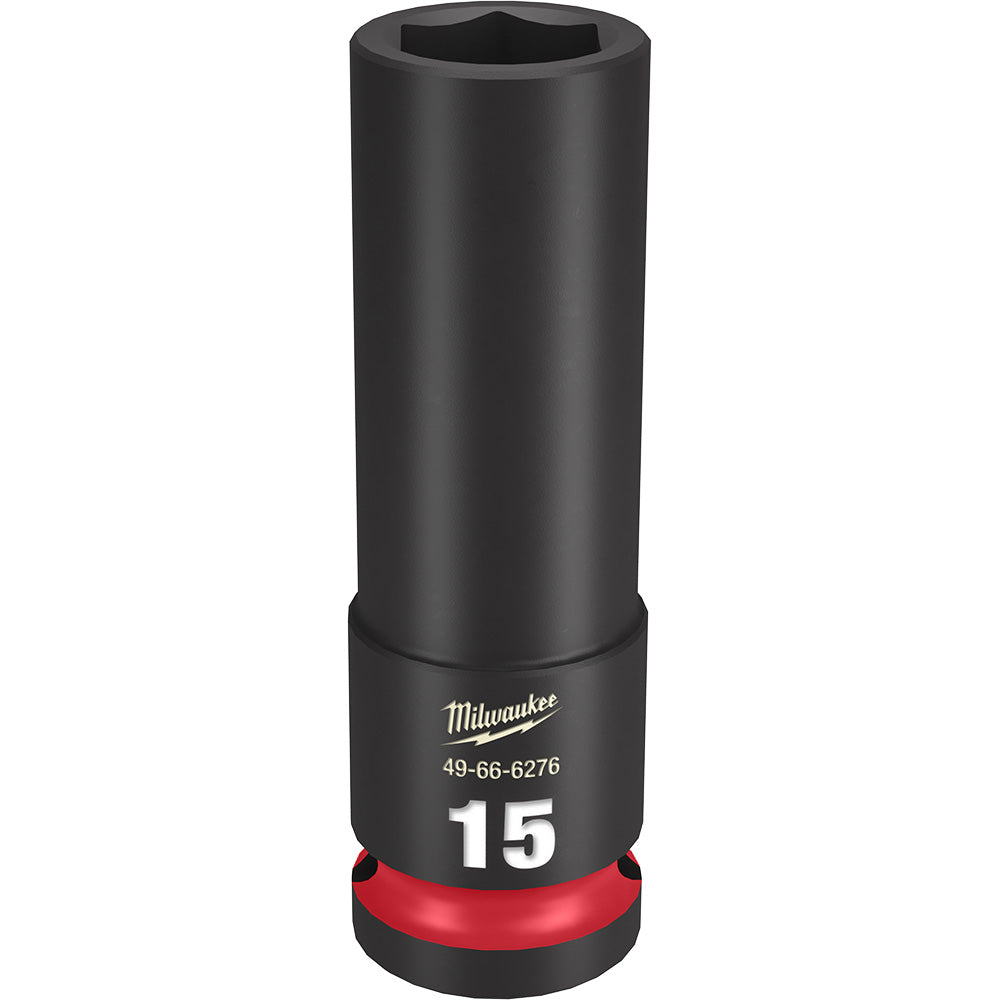 Black cylindrical deep socket with hexagonal opening, red grip band at base, Milwaukee branding and 15MM size marking.