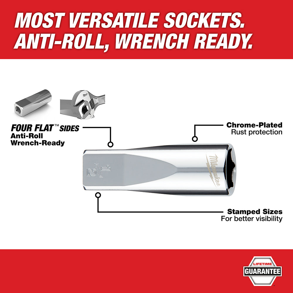 Chrome-plated 3/8 in. metric socket with four flat sides, stamped size markings, displayed with wrench and product details.