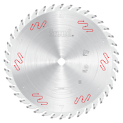10-inch circular saw blade with silver carbide-tipped teeth and red markings on a white center hub.