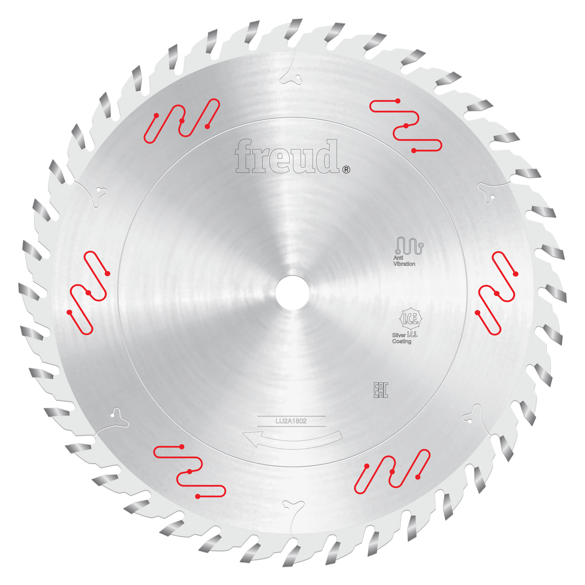 10-inch circular saw blade with silver carbide-tipped teeth and red markings on a white center hub.
