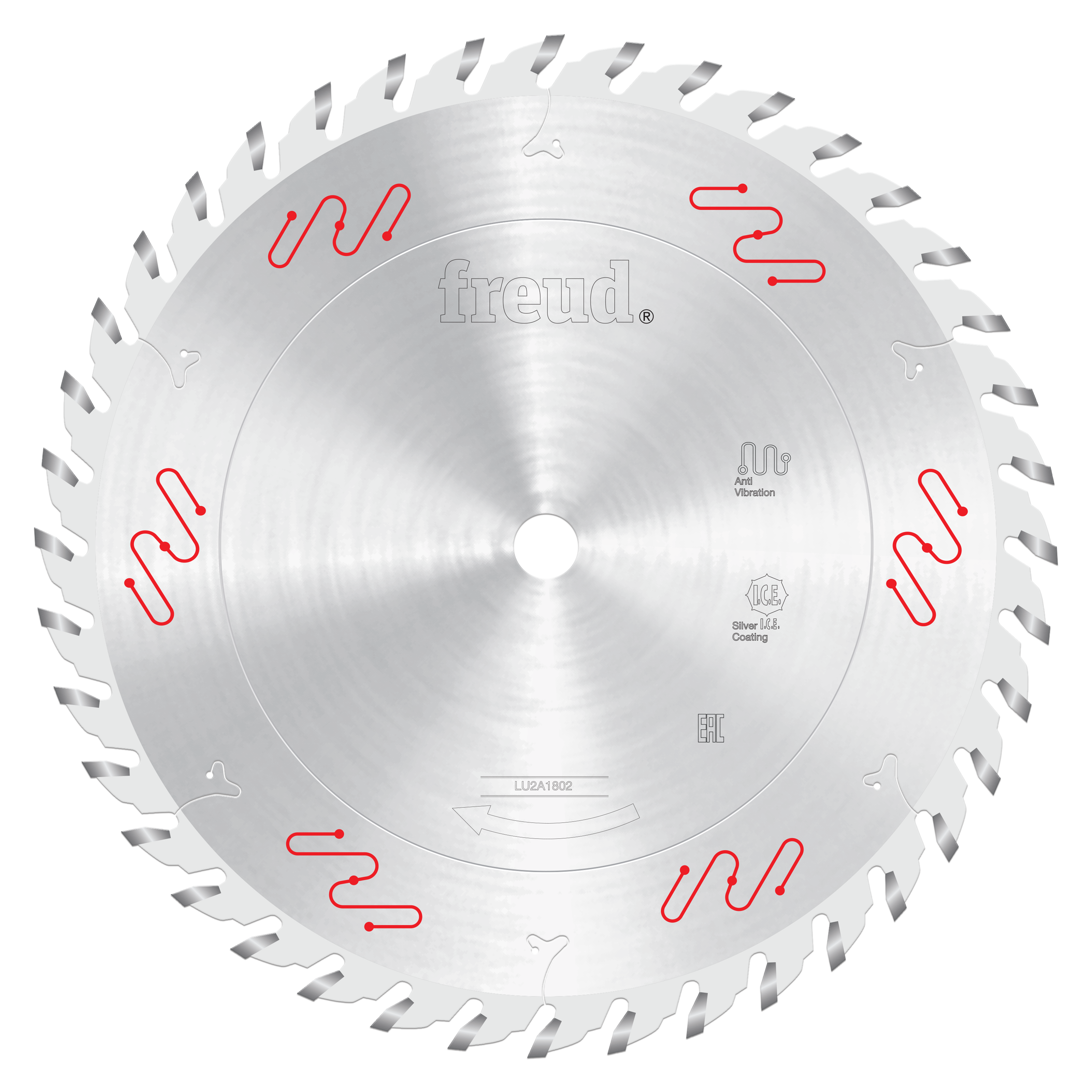 10-inch circular saw blade with silver carbide-tipped teeth and red markings on a white center hub.