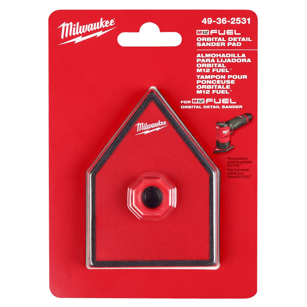 Red sanding pad with black foam edge and center hole attachment for M12 FUEL orbital detail sander.