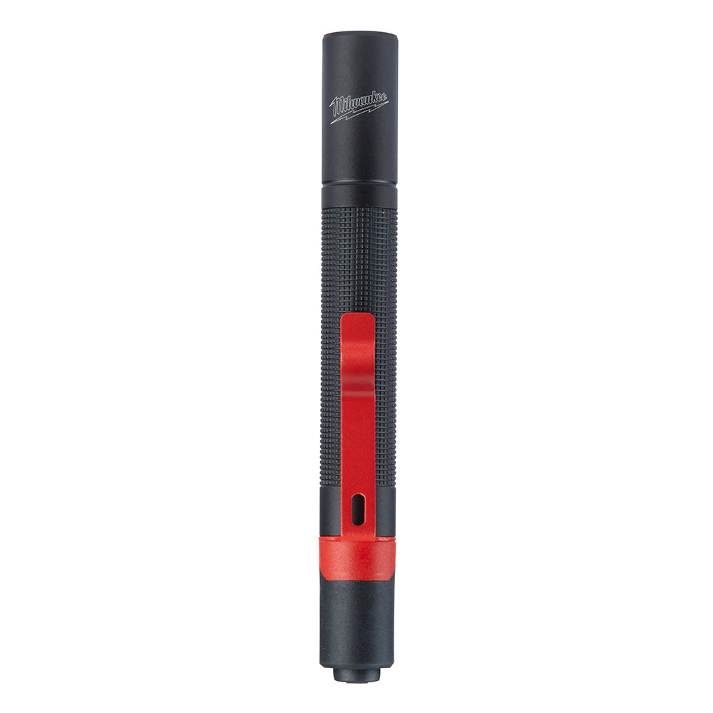 Black and red aluminum pen light with textured grip, Milwaukee logo on barrel, and clip attachment.